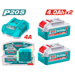 Комплект акумулаторни батерии и зарядно TOTAL INDUSTRIAL, 20 V, 2 x 4.0 Ah, 3 части