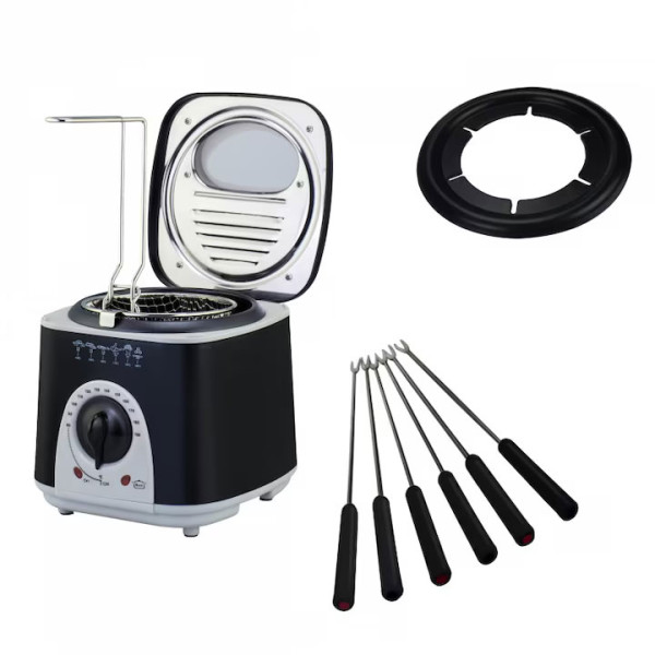 Фритюрник и уред за приготвяне на фондю Rosberg R51980BF, 6 бр вилици, Черен