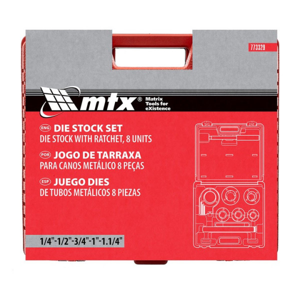 Комплект за нарязване на резби MTX 1/4''-1/2''3/4''-1''-1.25'', тресчотка, 8части