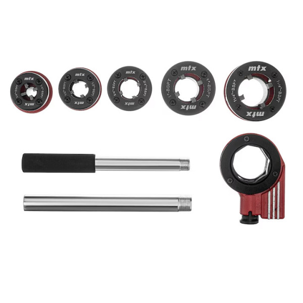 Комплект за нарязване на резби MTX 1/4''-1/2''3/4''-1''-1.25'', тресчотка, 8части