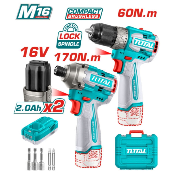 Комплект акумулаторни винтоверт и ударен винтоверт TOTAL, 16 V, 2x2Ah