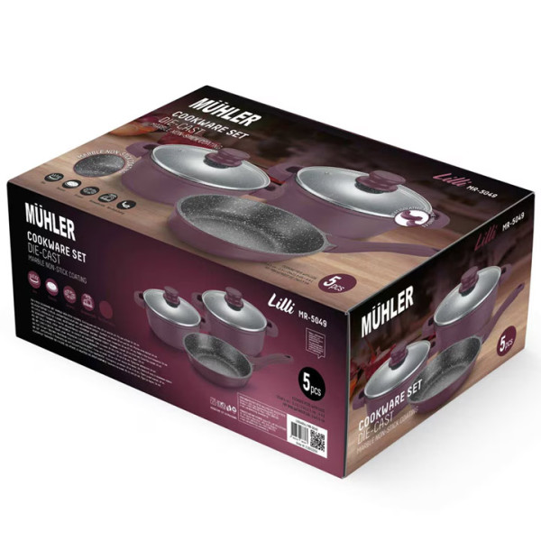 Комплект съдове за готвене Muhler MR-5049 5 части, люляк, лят алуминий