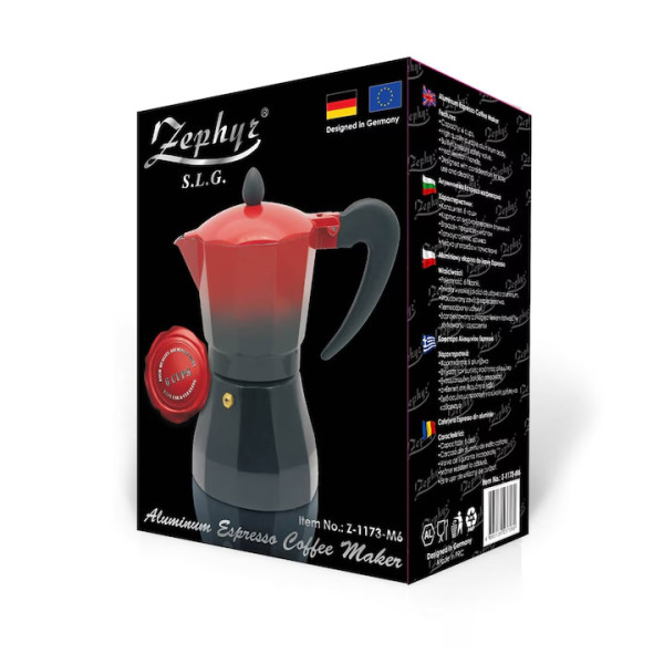 Кубинска кафеварка Zephyr zp 1173 M6, 6 чаши,360ml, червен/черен