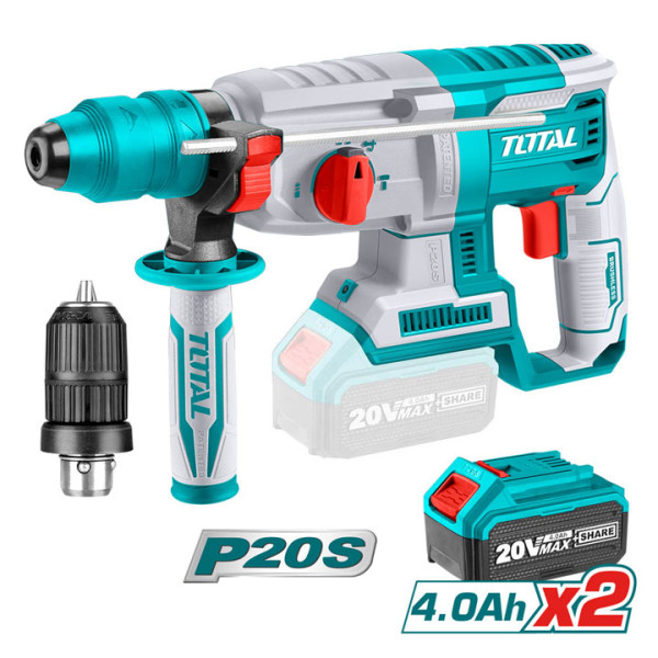 Комплект акумулаторен перфоратор TOTAL 20V, Аксесоари + Подарък чопър 30 W