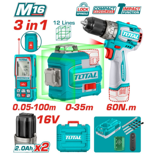 Комплект ударен винтоверт,лазерни нивелир и ролетка TOTAL TOSLI250101E 16V,2x2Ah