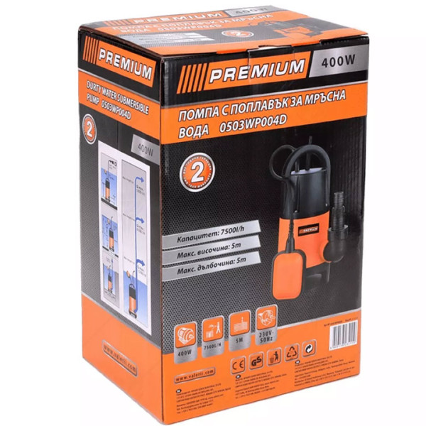Помпа с поплавък за мръсна вода PREMIUM, 400W, 7м, 7500л/ч 