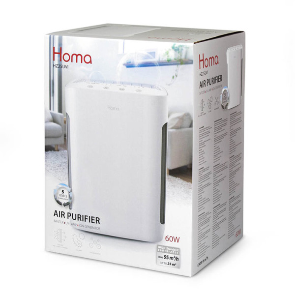 Въздухопречиствател HOMA HZ25UVI, 60 W, 5-степенна филтрация, HEPA, UV, Йонизатор, До 25 м²