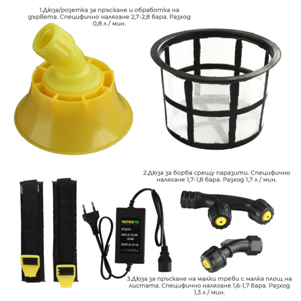 Комбинирана акумулаторна/ръчна пръскачка Partnerpro PP-16SBM 16л, 12V/8Ah, 620м2, 3вида дюзи