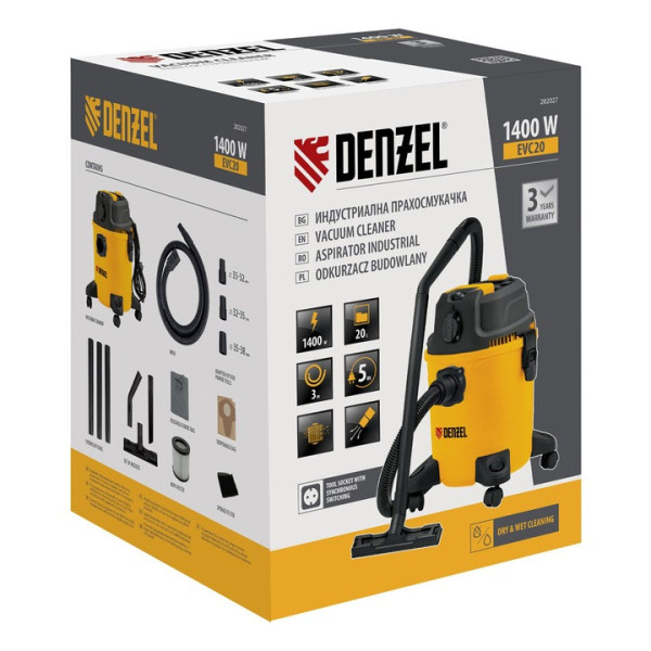 Прахосмукачка за сухо и мокро почистване Denzel EVC20, 1400W, резервоар 20л