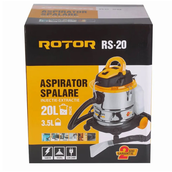 Прахосмукачка за сухо и мокро почистване и перящи функции ROTOR RS-20, 1600W, 20л, 18кРа