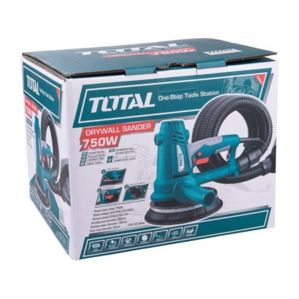 Шлайф машина за стени и тавани TOTAL Industrial, 750 W, Ø180 мм, LED, Прахоулавяне