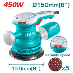 Ексцентършлайф TOTAL Industrial, 450 W, Ø150 мм, 6000–12000 об/мин, Velcro