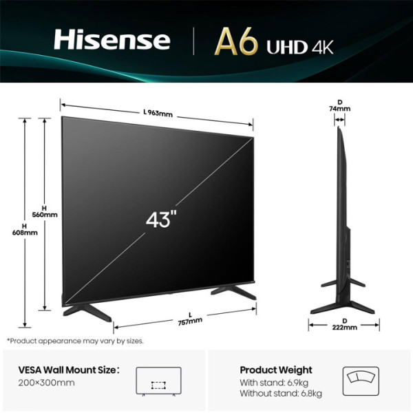 Телевизор HISENSE 43A6Q 4K Ultra HD LED SMART TV, VIDAA, 43.0 ", 108.0 см