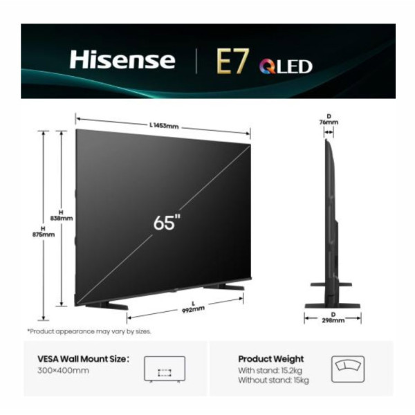 Телевизор Hisense 65E7Q, 65" E7Q, 4K Ultra HD,Black 