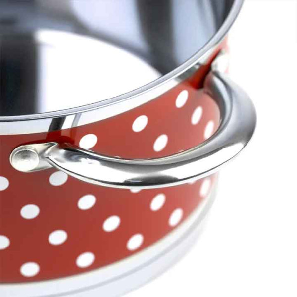 Червена тенджера на бели точки със стъклен капак