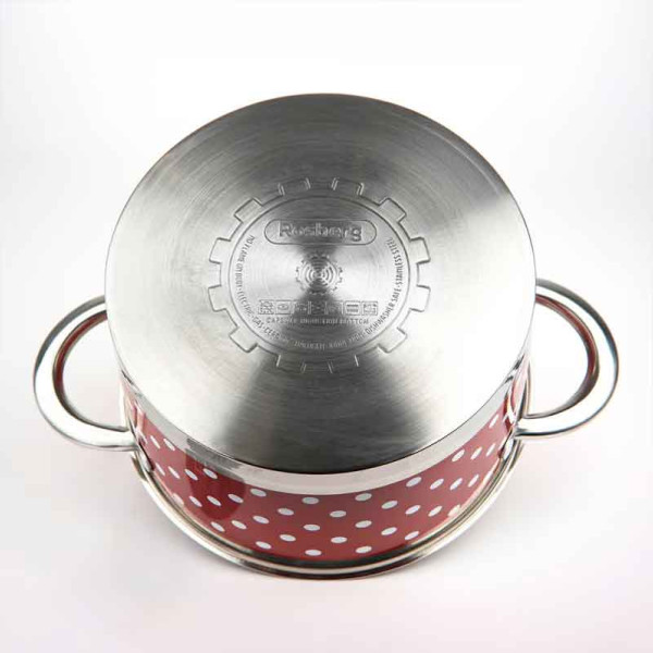 Червена тенджера на бели точки със стъклен капак