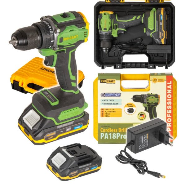 Акумулаторен безчетков винтоверт PROCRAFT PA18Pro, 20V с батерия и зарядно в куфар