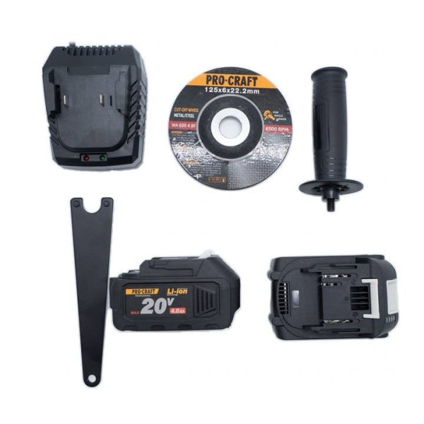 Акумулаторен ъглошлайф PROCRAFT PGA20, 20 V, 2 батерии