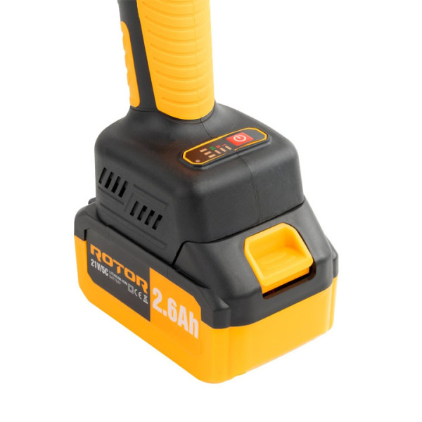 Акумулаторен безчетков ъглошлайф Rotor RAG-2.6A, с батерия 21V 2Ah и зарядно
