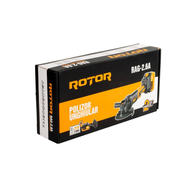 Акумулаторен безчетков ъглошлайф Rotor RAG-2.6A, с батерия 21V 2Ah и зарядно