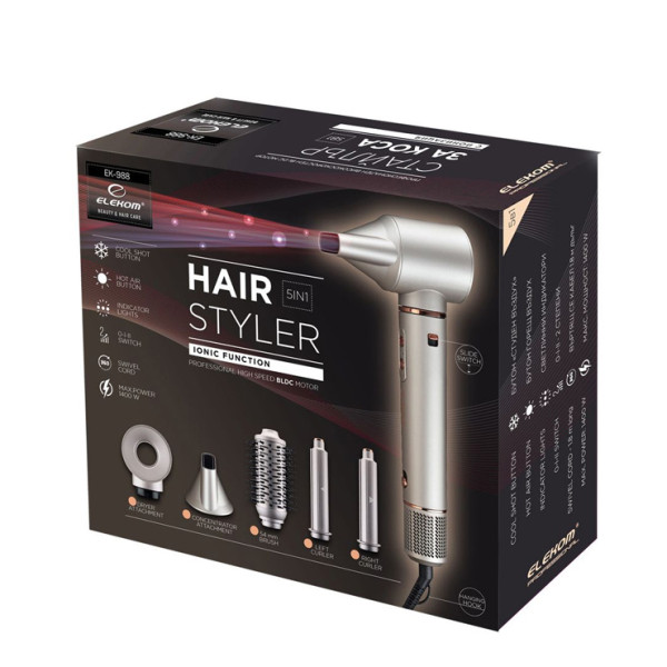 Висикоскоростен сешоар Елеком ЕК-988, 5 в 1, 1400 W, Маши, Четка, Концентратори